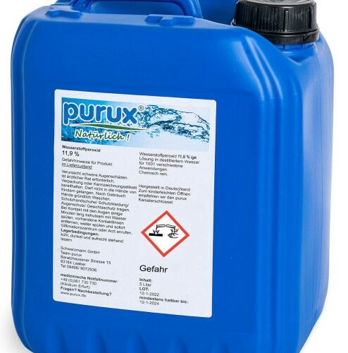 Blauer Kanister mit schwarzem Deckel. Vorderseite bedruckt mit der Aufschrift Purux Natürlich Wasserstoffperoxid 11,9%