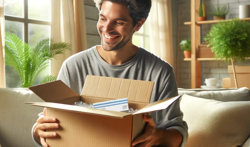 Ein Mann mit breitem lächeln im gesiecht öffnet einen Karton